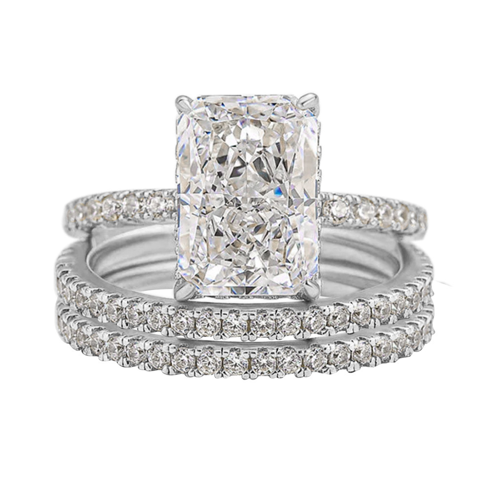 S925 Sterling Silver Super Shiny Ice Flower Cut Zircon Ring Suit - Image 8