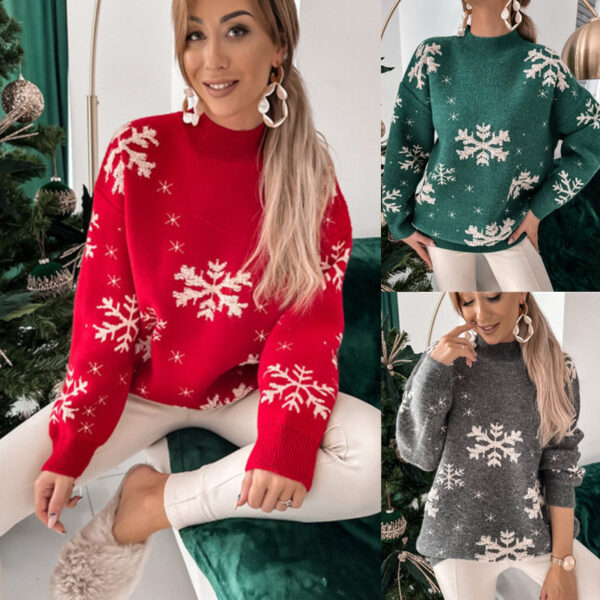 Fall Winter Women's Christmas Sweater Knitted Fluffy Loose Casual Christmas Snowflake Print Long Sleeves Pullovers Tops Streetwear - Image 4