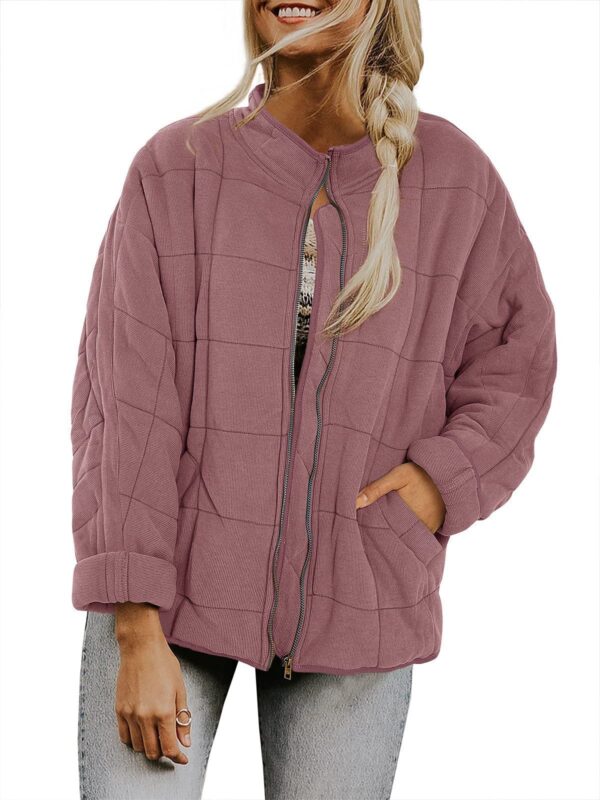 Winter Zip-up Stand Collar Coat With Pockets Fashion Solid Color Plaid Long Sleeved Jacket Women's Clothing - Image 3