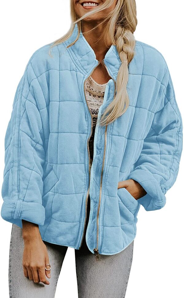 Winter Zip-up Stand Collar Coat With Pockets Fashion Solid Color Plaid Long Sleeved Jacket Women's Clothing - Image 5