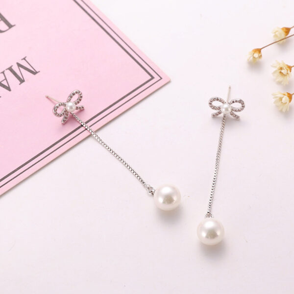Sterling Silver Needle Bow Earrings Long Pendant Pearl Hypoallergenic Earrings Copper Jewelry Two Ways - Image 3