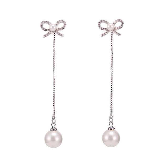 Sterling Silver Needle Bow Earrings Long Pendant Pearl Hypoallergenic Earrings Copper Jewelry Two Ways - Image 2