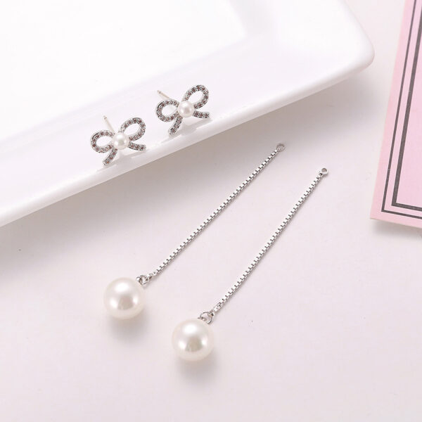Sterling Silver Needle Bow Earrings Long Pendant Pearl Hypoallergenic Earrings Copper Jewelry Two Ways - Image 5