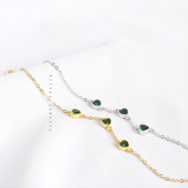 French Retro S925 Sterling Silver Three Lovely Emerald Gemstone Bracelet - Image 4