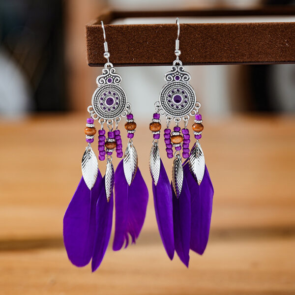 Feather Earrings Round Drop Oil Craft Earrings Retro - Image 3