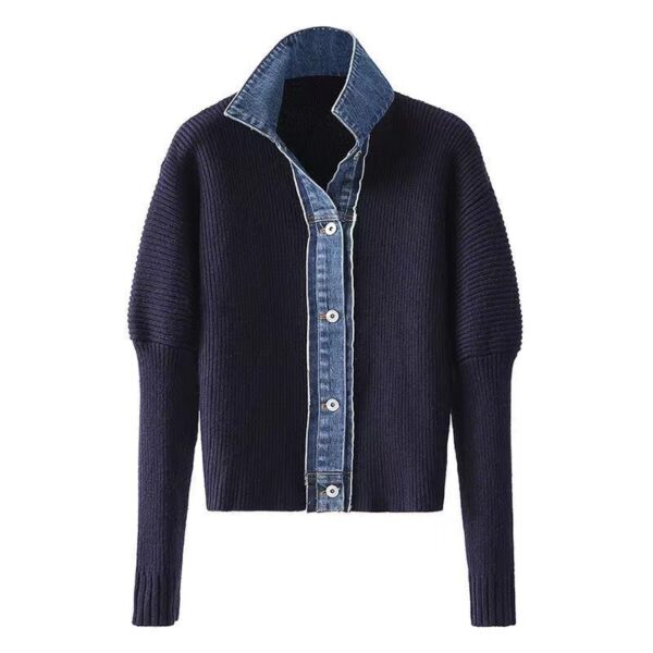 Women's Denim Patchwork Knitting Coat Top - Image 6