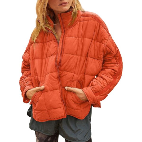 Winter Zip-up Stand Collar Coat With Pockets Fashion Solid Color Plaid Long Sleeved Jacket Women's Clothing - Image 6
