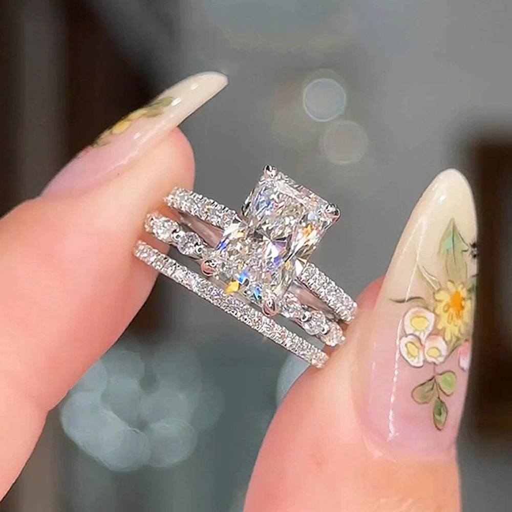 S925 Sterling Silver Super Shiny Ice Flower Cut Zircon Ring Suit - Image 3