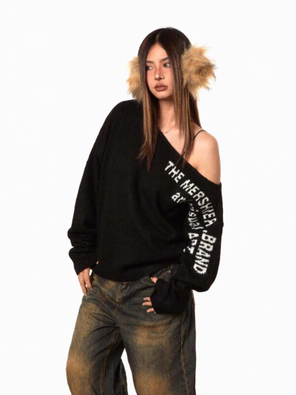 Off-the-shoulder Letter Sweater Retro Oblique Shoulder Collar Top - Image 5