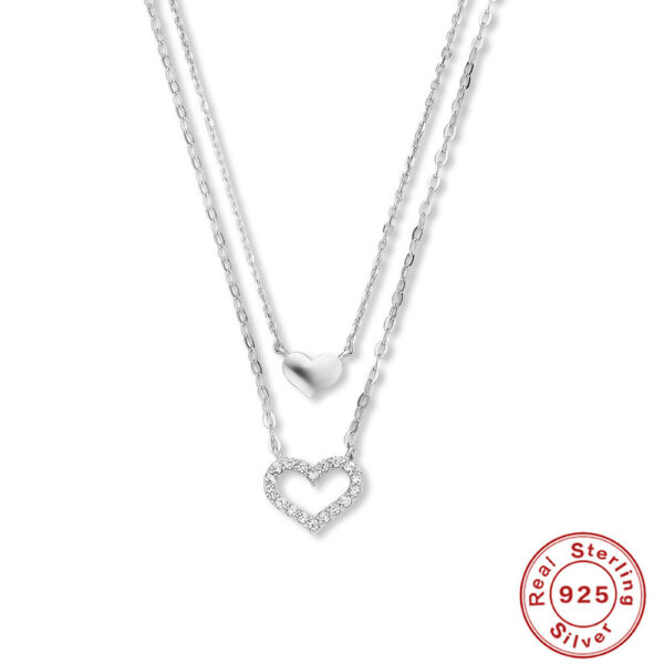 Sterling Silver Temperamental Twin Hollow Heart Shape With Diamond Double-layer Clavicle Necklace - Image 8
