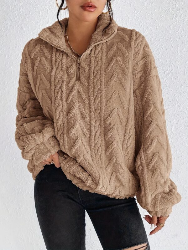 Double-sided Plush Latte Art Casual Zipper Pullover Top - Image 5