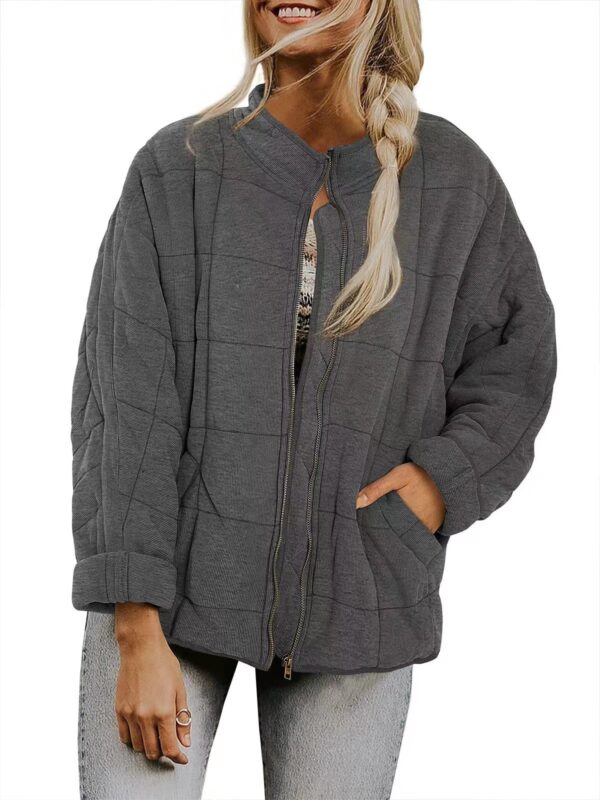Winter Zip-up Stand Collar Coat With Pockets Fashion Solid Color Plaid Long Sleeved Jacket Women's Clothing - Image 9