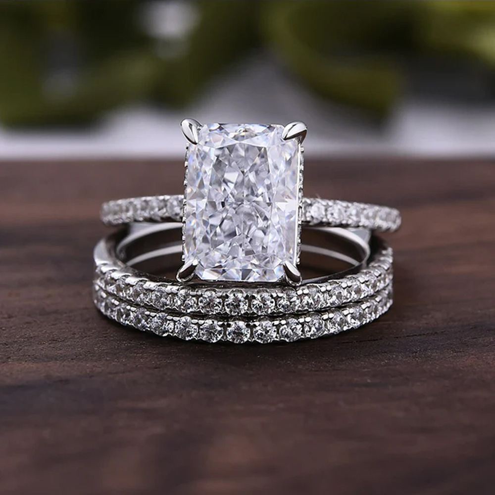 S925 Sterling Silver Super Shiny Ice Flower Cut Zircon Ring Suit - Image 2