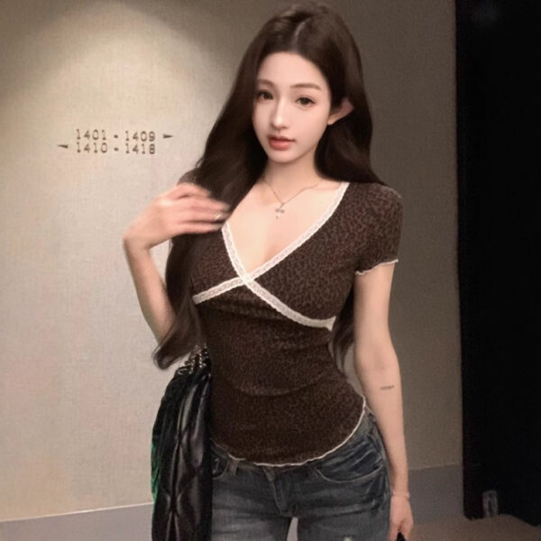 V-neck Lace Leopard-print Slim-fit Short Sleeve Women's Summer - Image 7