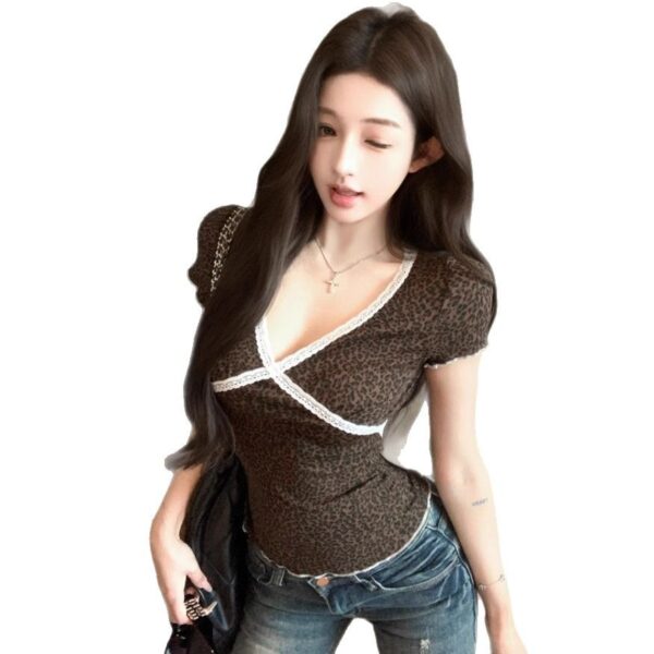V-neck Lace Leopard-print Slim-fit Short Sleeve Women's Summer - Image 3