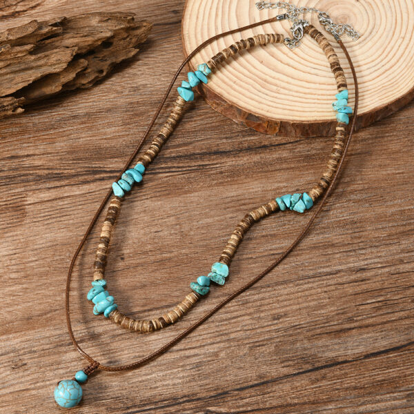 Coconut Shell Turquoise Leather Wax Line Necklace - Image 2
