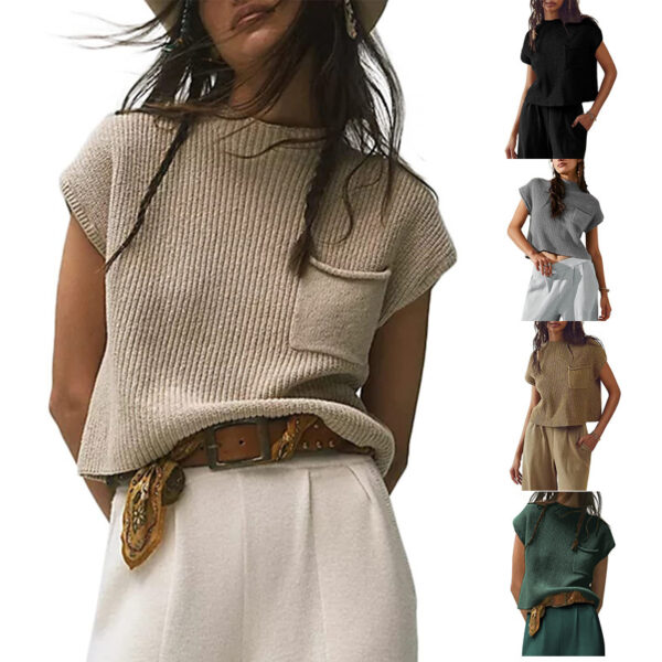 Women's Knitted Sleeveless Pocket Casual Rib Pullover Vest - Image 7