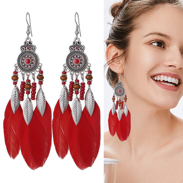 Feather Earrings Round Drop Oil Craft Earrings Retro - Image 2