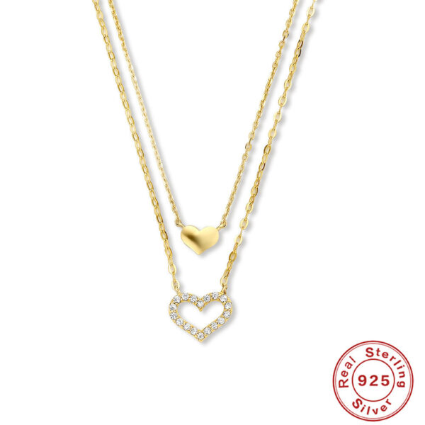 Sterling Silver Temperamental Twin Hollow Heart Shape With Diamond Double-layer Clavicle Necklace - Image 2