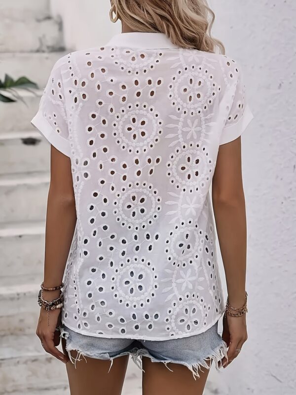 Solid Eyelet Button Front Shirt Casual Short Sleeve Shirt - Image 5