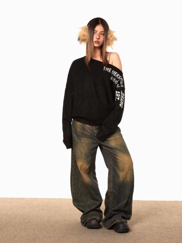 Off-the-shoulder Letter Sweater Retro Oblique Shoulder Collar Top - Image 2