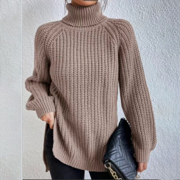 Turtleneck Pullover Sweater With Split Design Fashion Simple Solid Color Long Sleeve Tops Women's Clothing - Image 3