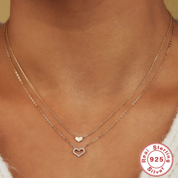 Sterling Silver Temperamental Twin Hollow Heart Shape With Diamond Double-layer Clavicle Necklace - Image 9