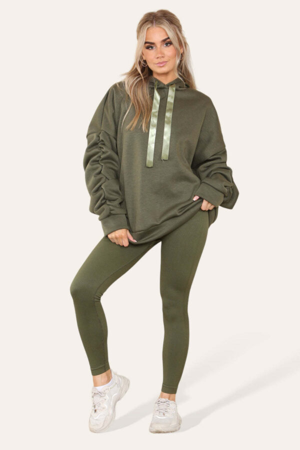 Oversized Ruched Sleeves Hoodie With Satin Ribbon With High Waist High Rise Seamless Ribbed Legging Set - Image 4