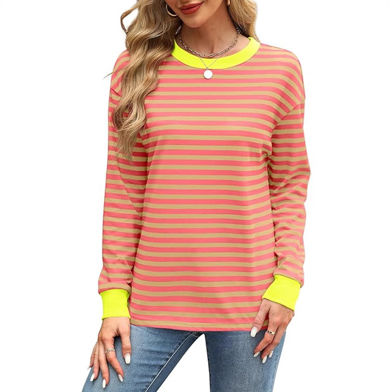 Fashion Color Contrast Loose Round Neck Striped Long Sleeve - Image 7