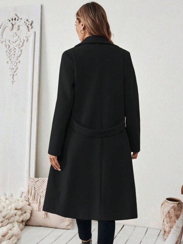 Flat Collar Solid Color Pocket With Belt Long Sleeve Autumn Winter Coat Jacket - Image 4