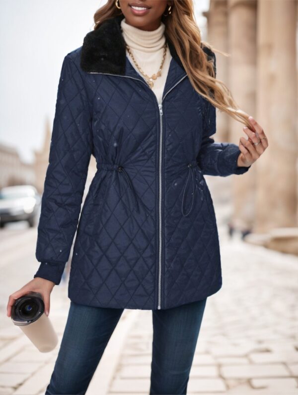 Casual Winter Clothes Contrast-Color Fur Collar Drawstring Waist Padded Padded Coat - Image 5