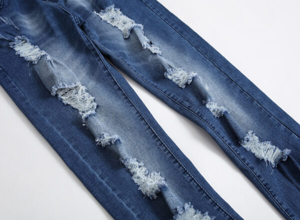 Multi-holes, Blue Elastic Men's Jeans Slim-fitting Small Straight - Image 3