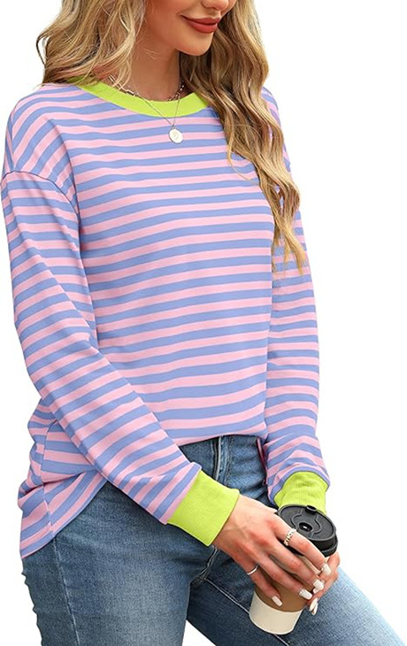 Fashion Color Contrast Loose Round Neck Striped Long Sleeve - Image 2