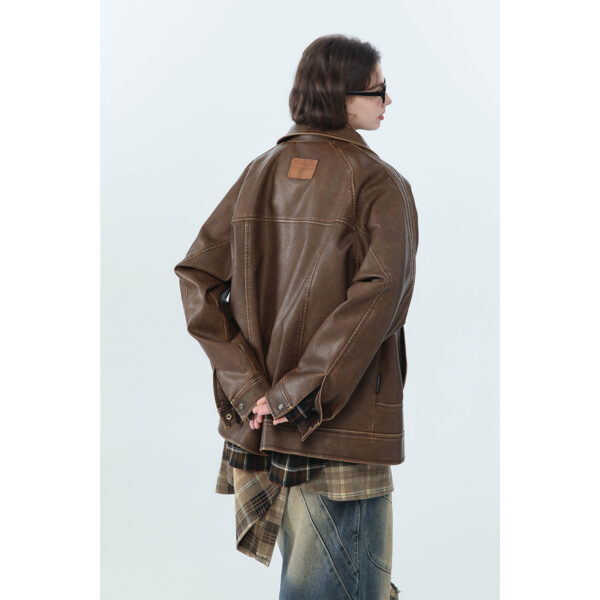 American Retro Distressed Lapel PU Leather For Men And Women Biker's Leather Jacket - Image 7