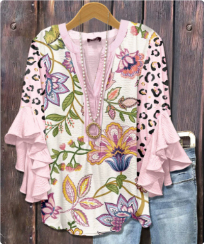 Women's V-neck Fashion Lotus Sleeve T-shirt - Image 8