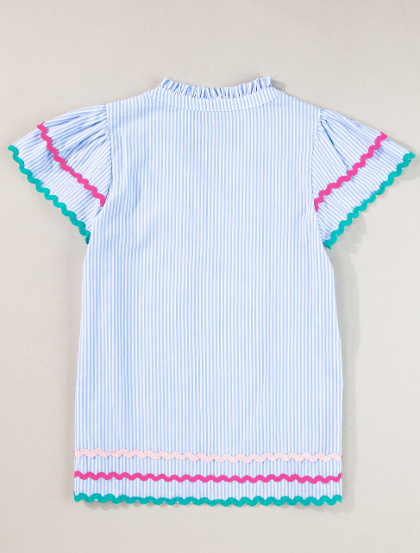 Sky Blue Stripe Ricrac Trim Split Neck Striped Ruffled Sleeve Blouse - Image 5