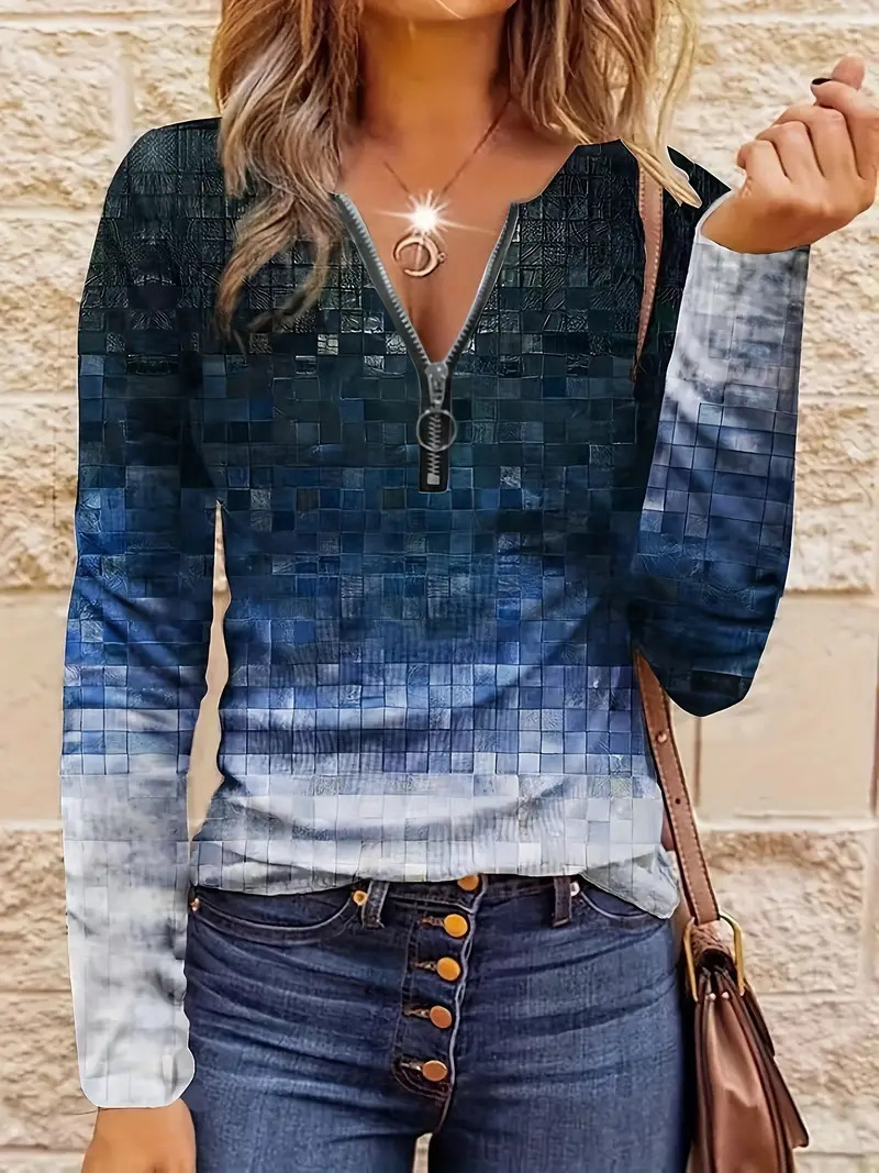 Women's Casual Loose Contrast Striped Half Zipper Top - Image 9