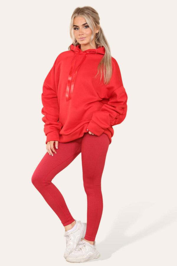 Oversized Ruched Sleeves Hoodie With Satin Ribbon With High Waist High Rise Seamless Ribbed Legging Set - Image 7