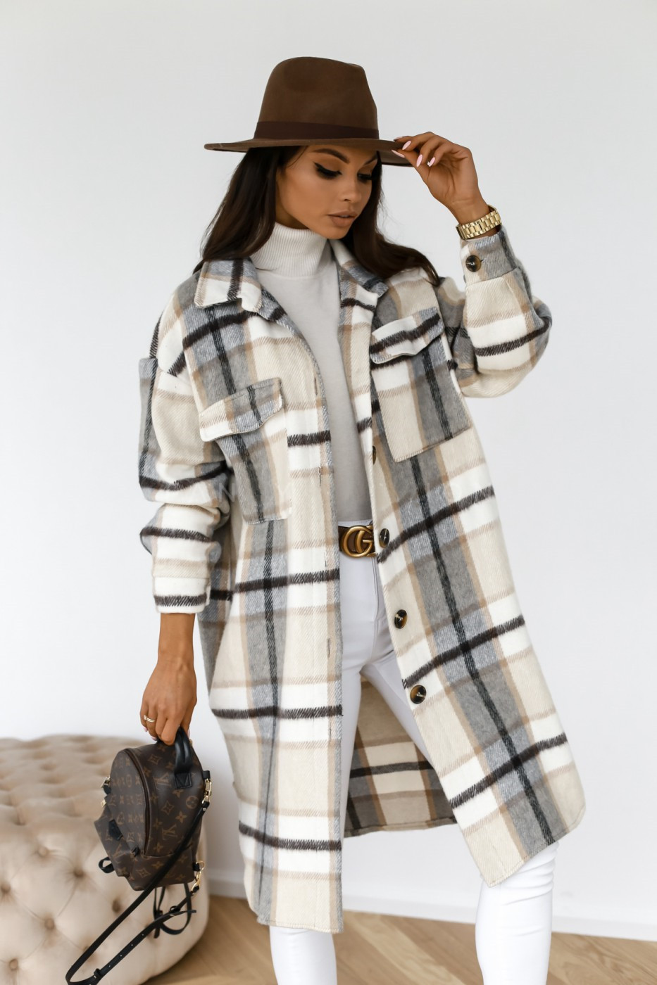 Button Lapel Casual Warm Plaid Long Woolen Coat - Image 5