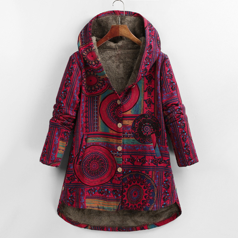 Retro Ethnic Floral Print Plus Size Cotton Jacket - Image 2