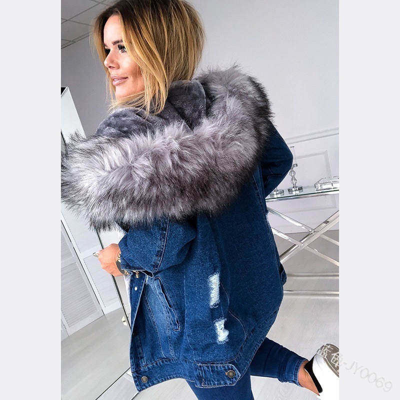 European And American Retro Big Fur Collar Denim Jacket Temperament Commuting To Keep Warm Mid-Length Broken Hole Distressed Coat - Image 3