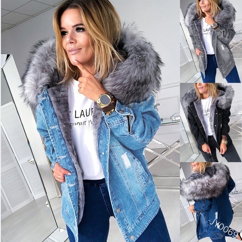 European And American Retro Big Fur Collar Denim Jacket Temperament Commuting To Keep Warm Mid-Length Broken Hole Distressed Coat - Image 4