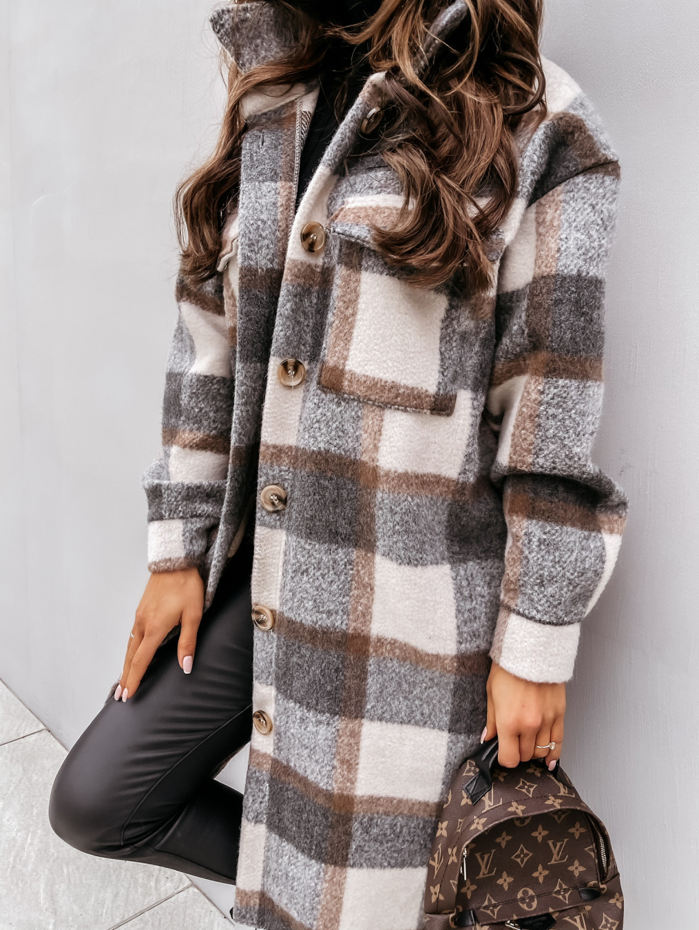 Button Lapel Casual Warm Plaid Long Woolen Coat - Image 10