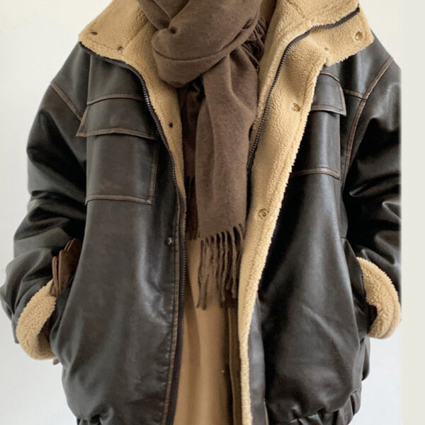 Retro Neutral Maillard Lamb Fur Coat Loose Leather Jacket Coat - Image 7
