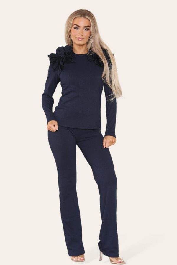 Ruffle Frill Shoulder Ribbed Loungewear Co-Ord Top & Trouser Set - Image 3