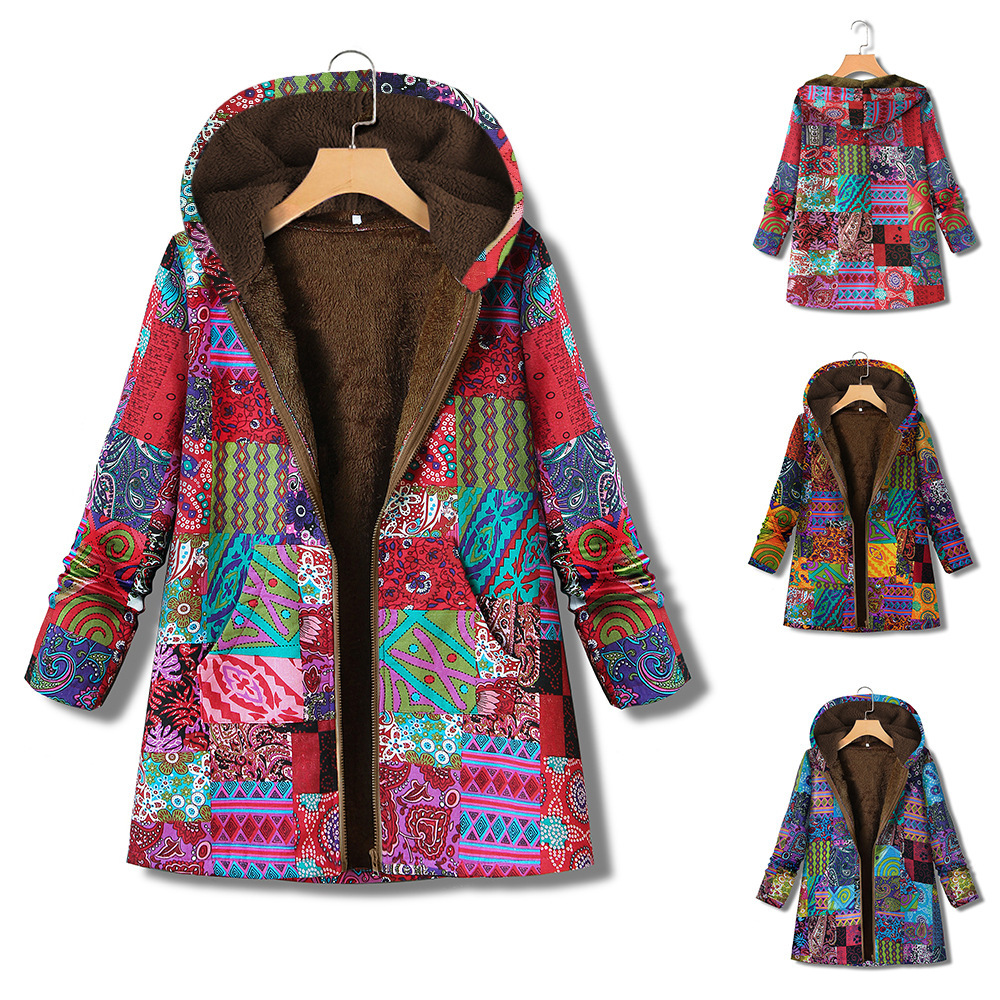 Printed cotton linen Hooded Coat zipper