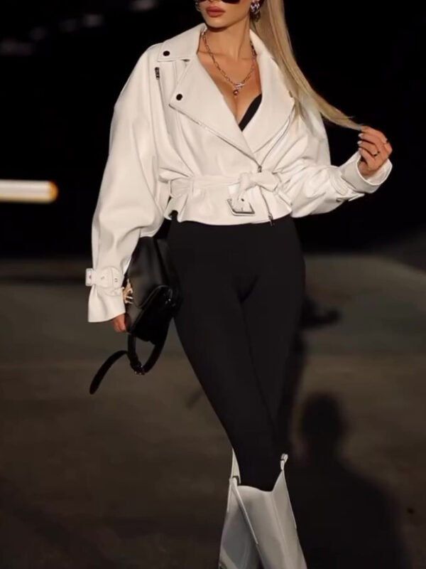 Solid Color Leather Cropped Jacket - Image 3