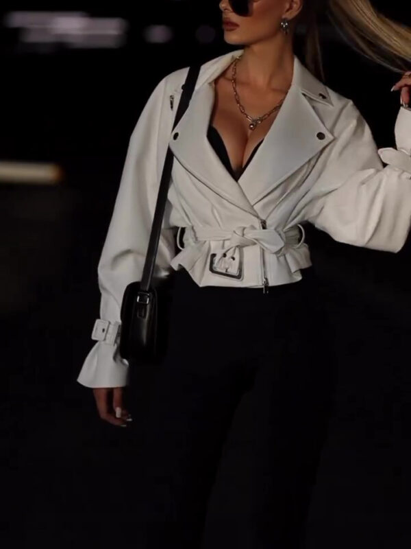 Solid Color Leather Cropped Jacket - Image 2