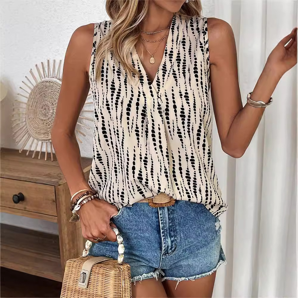Sleeveless V-neck Printed Blouse Women's Tops - Image 2