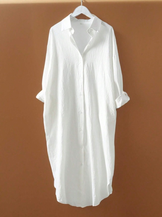 Pleated Long Button Down Dropped Shoulder Women Shirt